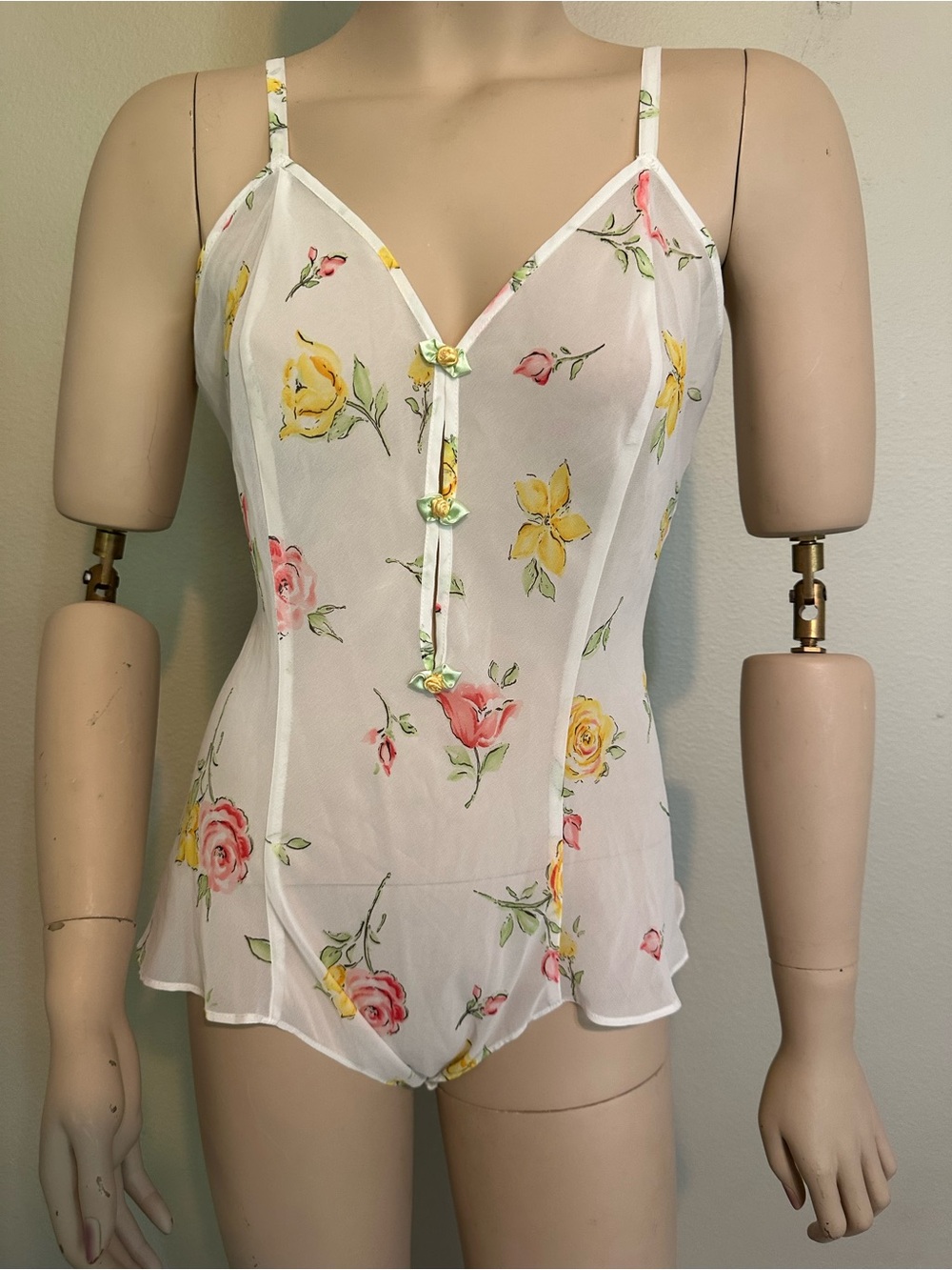 Vintage 90s Delicates Floral Sheer Teddy Bodysuit Medium Cottagecore Coquette